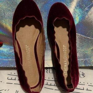 Athena Alexander Velvet Maroon & leather brown Betseyville brown leather flats.